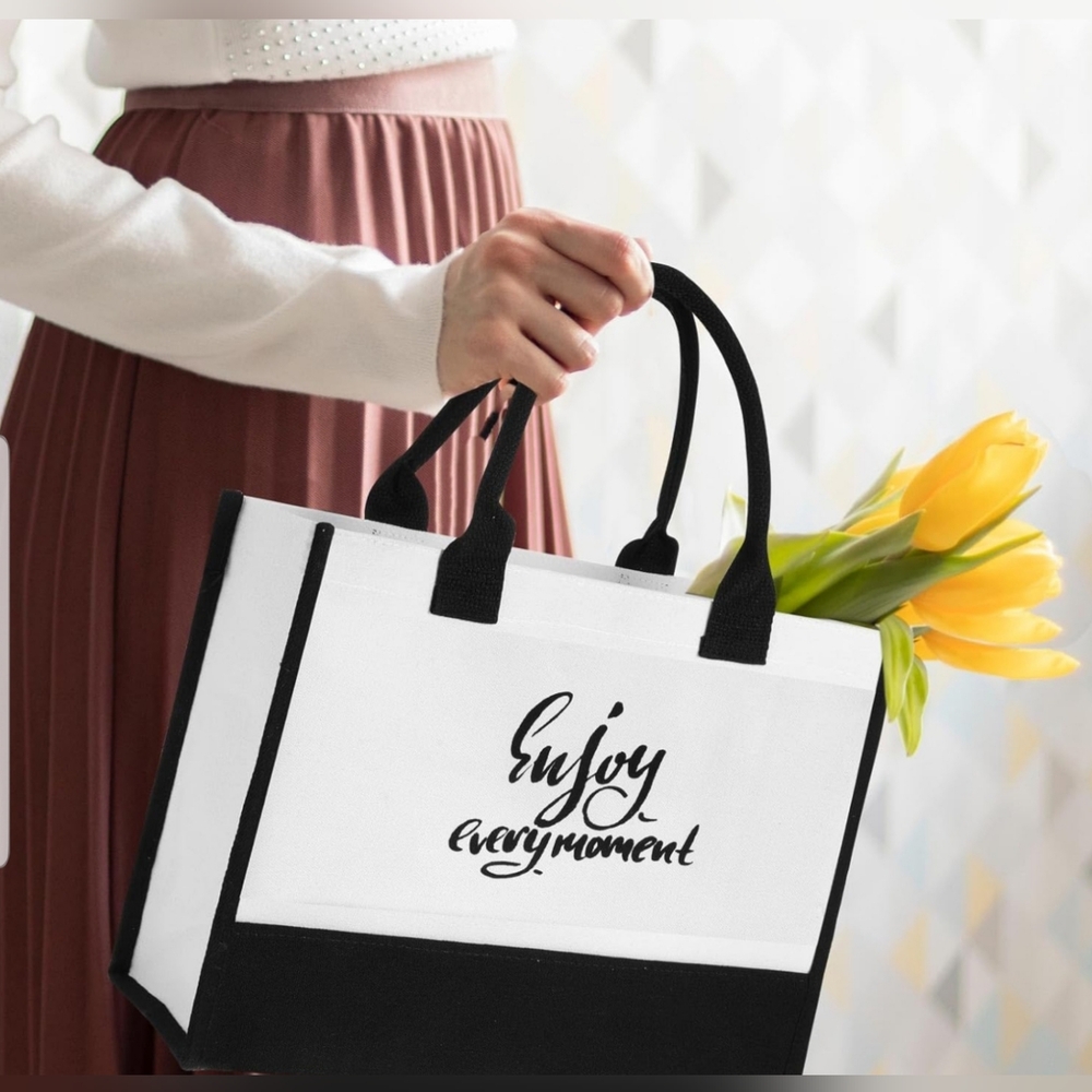 'Enjoy Every Moment' Black and White Tote Bag With Handles